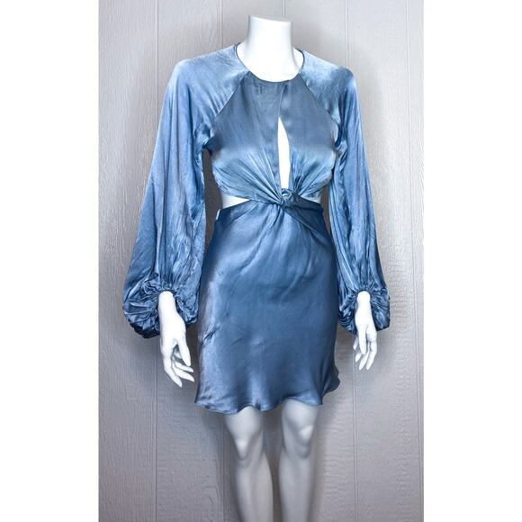 SHONA JOY La Lune Twist Front Cut Out Mini Dress Blue Silk Dress US 0 - Picture 2 of 10